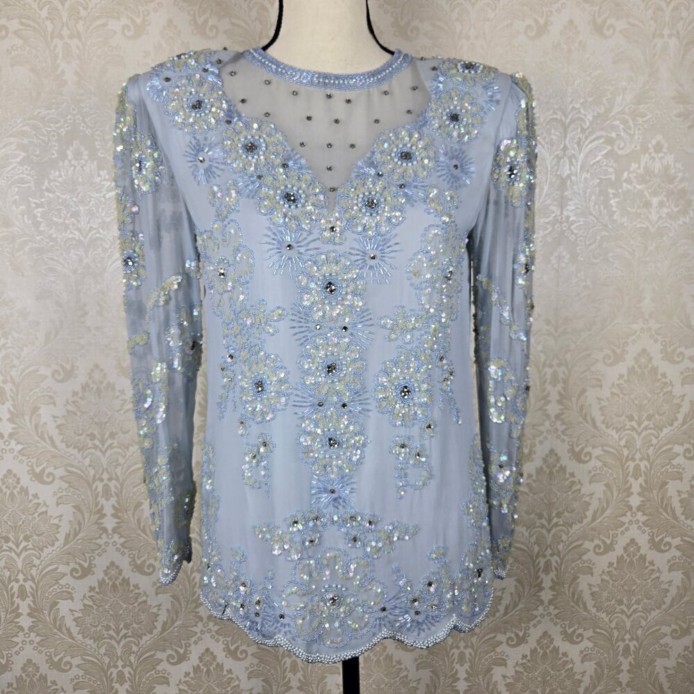 Vintage Size 8 Pale Blue Silk Sheer Long Sleeve Top Iridescent Sequins Beaded